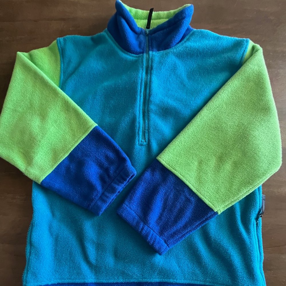 Vintage Men's Cheetah Large Blue/Green Color Block Retro Fleece Jacket w/Pockets